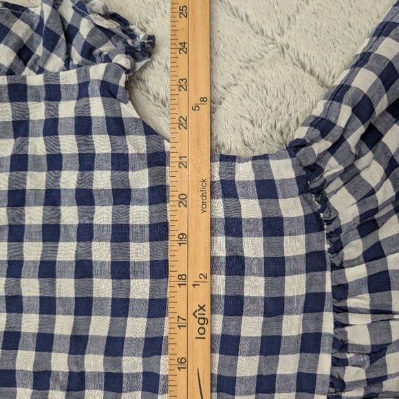 Anthropologie Maeve Shirt Womens XS Blue White Gingham Blouse Flounced Linen - Picture 5 of 8